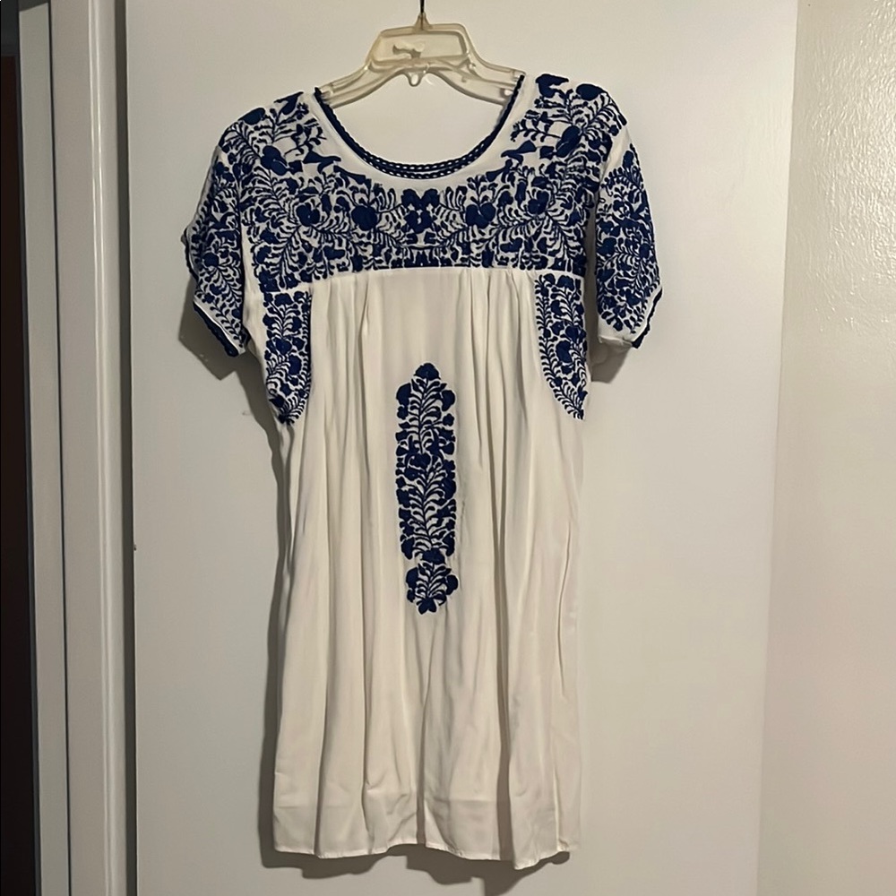 White Dress with Blue Embroidery